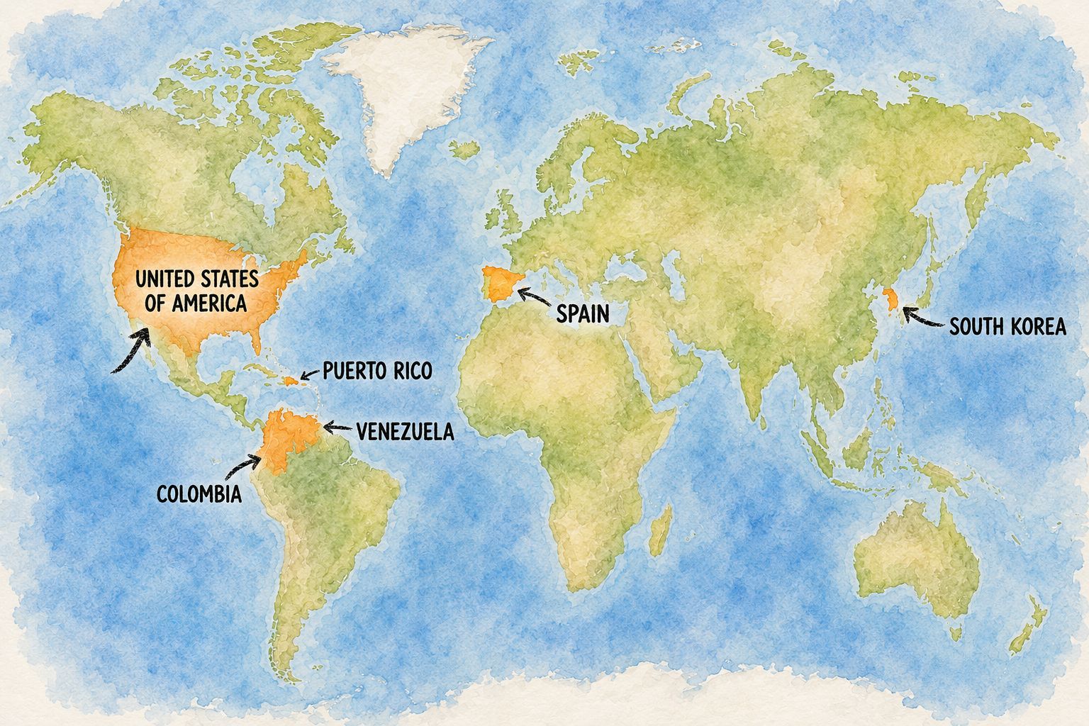 Watercolor world map highlighting USA, Colombia, Venezuela, Puerto Rico, Spain and South Korea