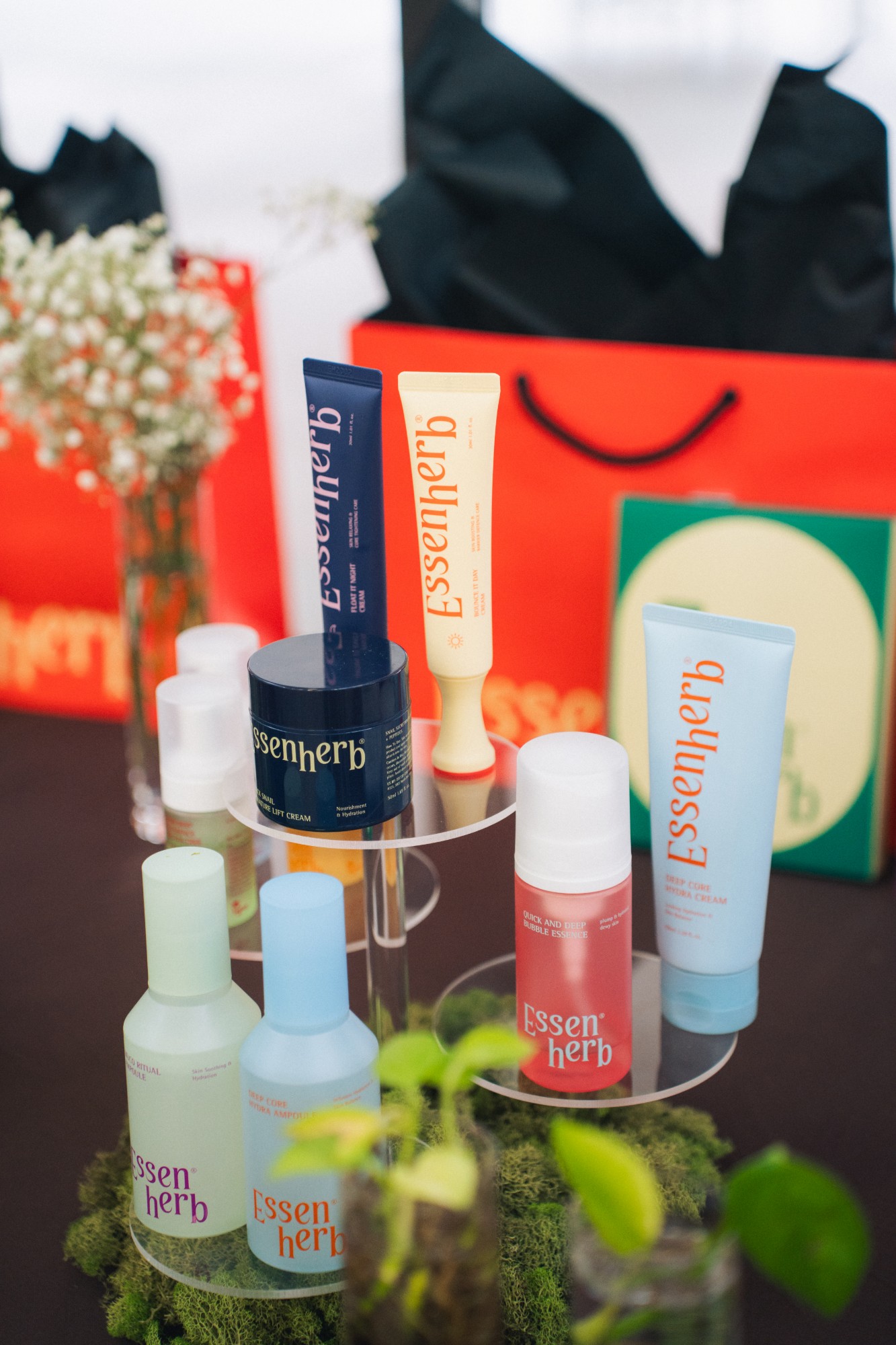 Skincare product close-up on tiered display